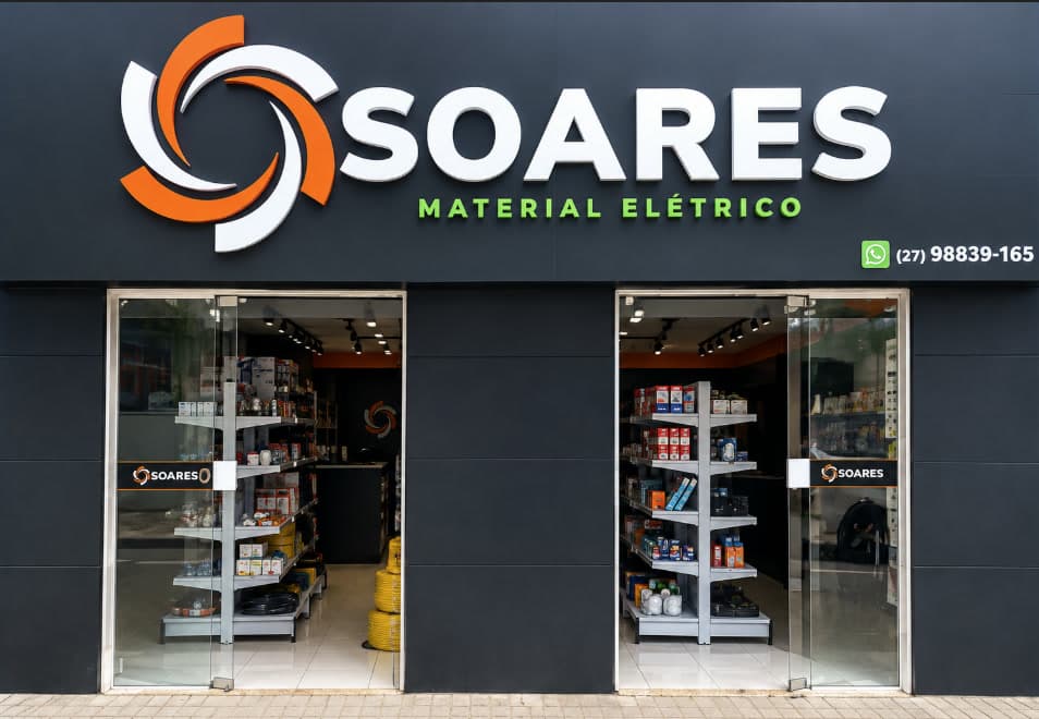 Fachada da loja Soares, com o logo da empresa no letreiro e portas de vidro abertas mostrando as prateleiras de material elétrico