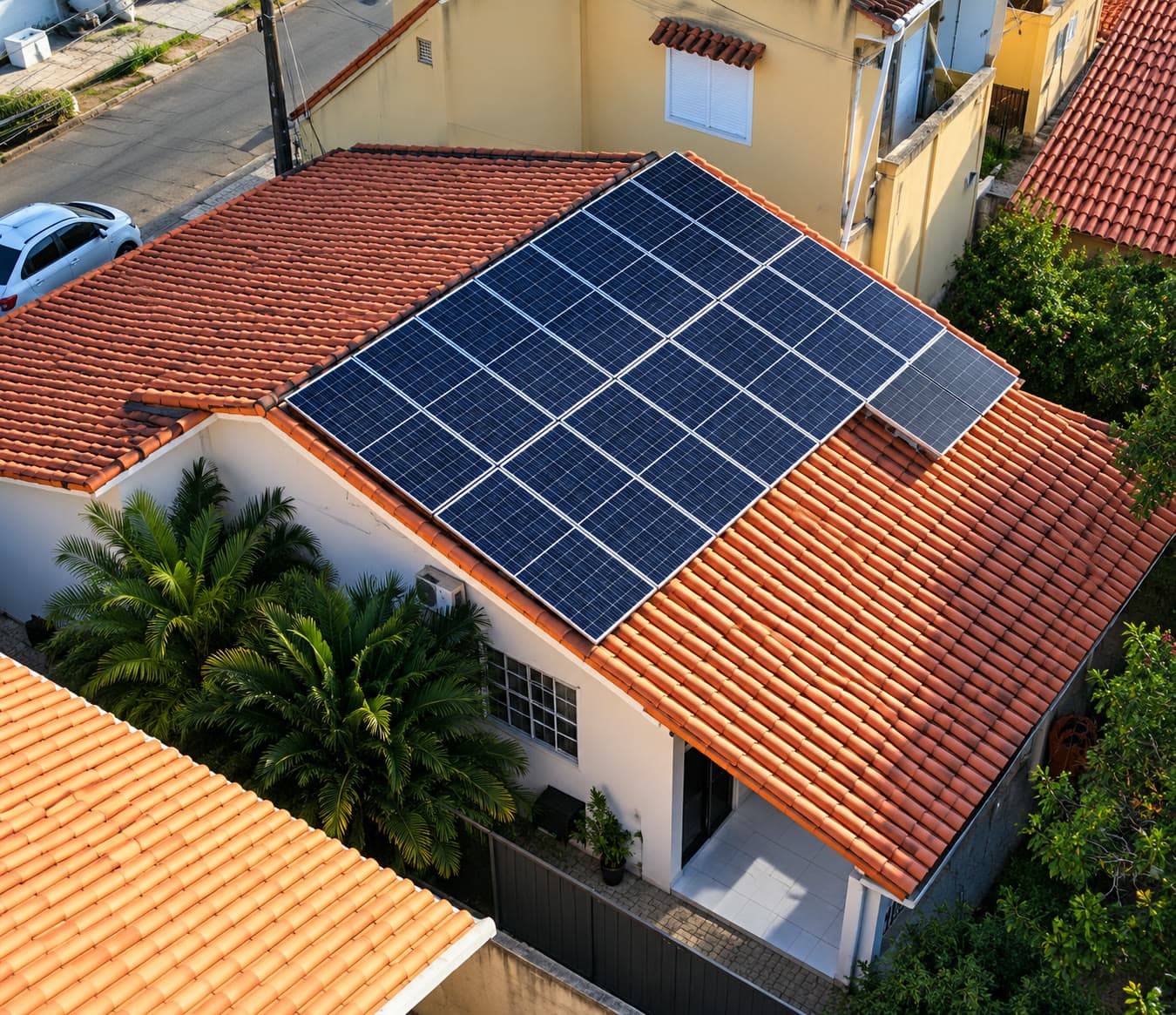 Vista aérea de uma residência com painéis solares instalados no telhado de telhas cerâmicas